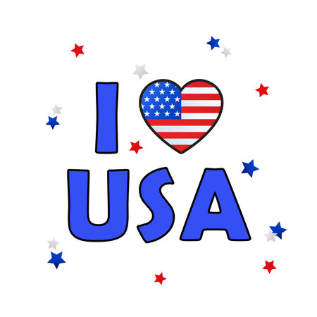 Vector illustration lettering I love USA with heart shape of national american flag isolated on white background with decorative stars.のイラスト素材