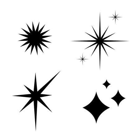 Collection of sparkles shapes in black color isolated on white background.のイラスト素材