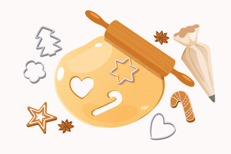 Vector flat composition with large round gingerbread dough, cookie cutters in various shapes, wooden rolling pin, star anise, piping bag and prepared gingerbread cookies, etc.のイラスト素材