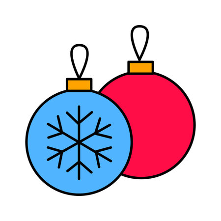 Cartoon Colorful Christmas Ornaments with Bold Black Outline Isolated on White Background â Festive Holiday Baubles Icon for Christmas Cards, Stickers, Winter Decorationsのイラスト素材