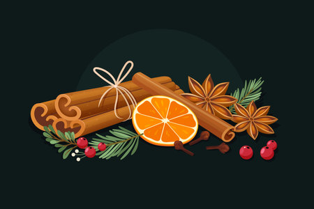 Festive spices composition with cinnamon sticks, dried orange slice, star anise, cloves, evergreen sprigs and red berries isolated on dark green backgroundのイラスト素材