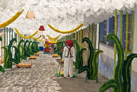 REDONDO, PORTUGAL -10 AUGUST 2013. Festival flower  in streets in Alentejo- Ruas floridas-Made paper´s dolls on 10 August 2013 Redondo, Portugalのeditorial素材