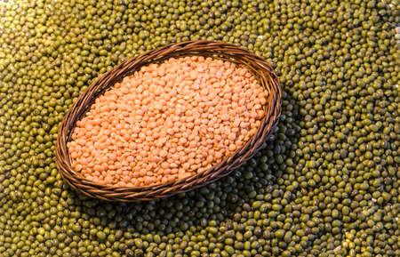 Orange lentils  on green soya backgrondの写真素材