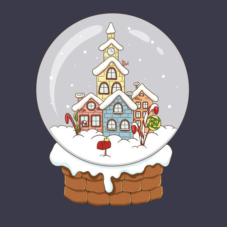 A snow globe with Dutch houses, Christmas lollipops and a mailbox. Snow drifts, snowflakes. A glass Christmas ball on a stand. Snow-covered gingerbread houses. Vectorのイラスト素材