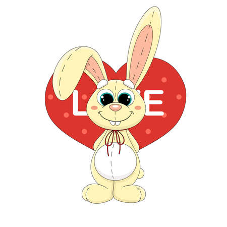 Cute cartoon drawing of a plush toy rabbit with a valentine. A rabbit with a red bow on the background of a heart. Happy Valentine's Day on February 14.のイラスト素材