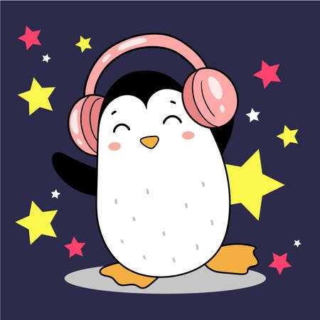 The penguin is a music lover. Dancing with headphones on. Cartoon black and white bird. The disco star. vector graphics.のイラスト素材