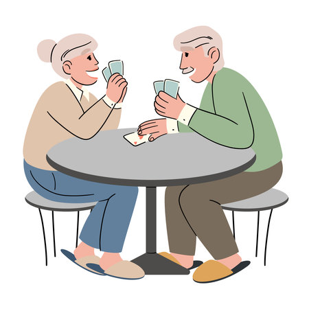 A group of older friends are playing cards. Older men and women spend time together, relaxing and having fun, playing board games, bridge or poker. cartoon vector illustrationのイラスト素材