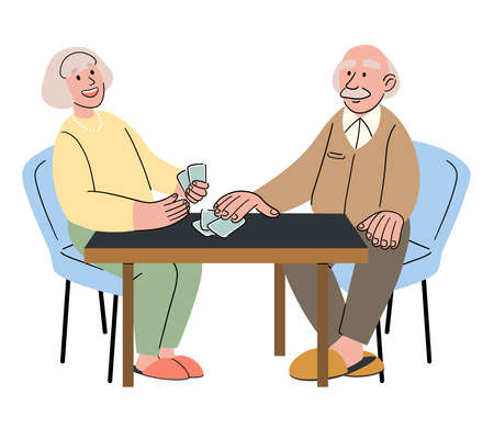 A group of older friends are playing cards. Older men and women spend time together, relaxing and having fun, playing board games, bridge or poker. cartoon vector illustrationのイラスト素材