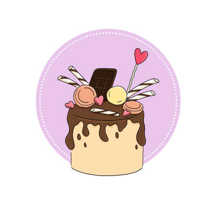 Chocolate cake decorated with meringue, striped tubes, chocolate bars, a heart on a stick and a...