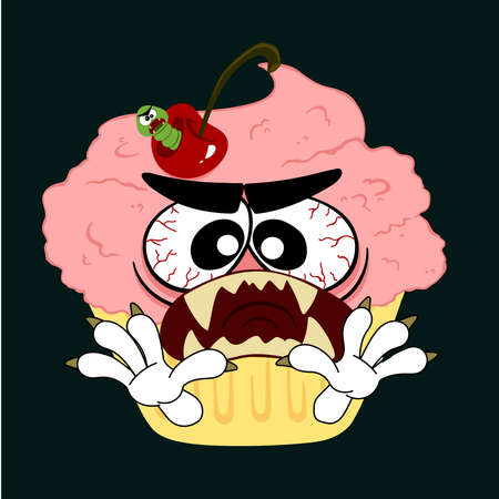 Evil monster cake. The harm of sugar. Cake with cream and cherry. Harmful cake, improper nutrition. scaring childrenのイラスト素材