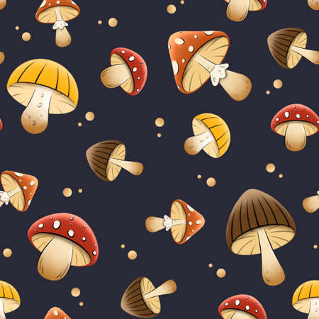 Seamless pattern stylized mushrooms drawing by hand. The mushroom pattern. Textured edible mushroom. illustration of healthy food. Sketches of autumn forest plants. Ideal for printing on packaging, faの写真素材