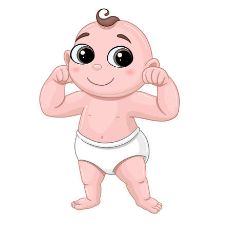 A baby in a diaper shows how strong he is. The growth of the child. child development. Baby. First stepsのイラスト素材