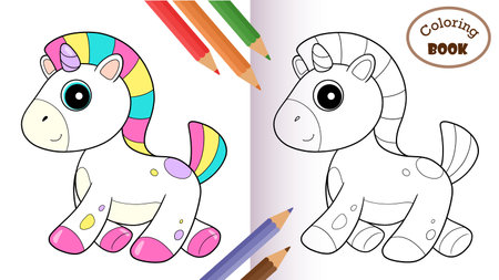 Unicorn color book. The unicorn contour. Coloring book for children and adults. Cute cartoon unicorn, pony, horse.のイラスト素材