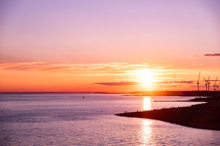 Construction cranes at sunset by the seaの写真素材