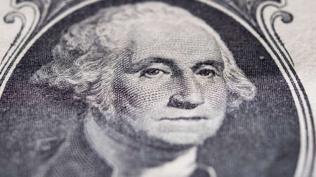 Portrait of George Washington on 1 dollar bill extreme close-upの写真素材