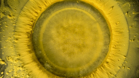 Music speaker plays music loudly, vibrates and throws bright yellow paint into air in slow motion, top viewの写真素材