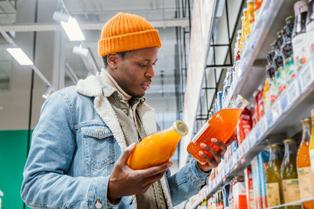 African man chooses natural juice in glass bottles in a grocery supermarketの写真素材