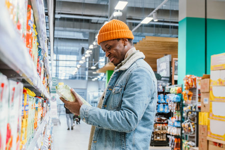 Thoughtful African-American man chooses juice at store rackの写真素材