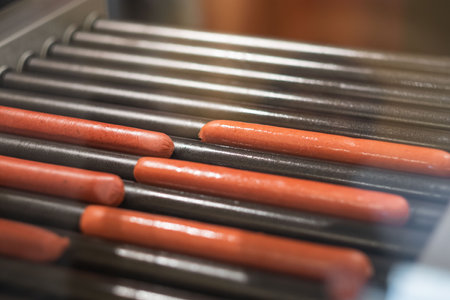 Sausages for hot dogs are grilled, close-upの写真素材