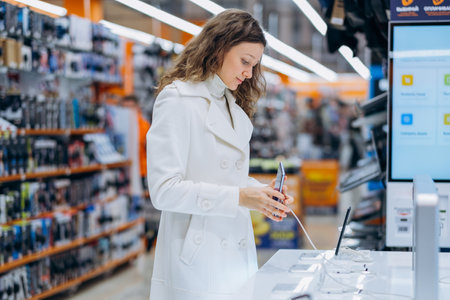 woman shopper chooses smartphone in a home appliance store in a supermarketの写真素材