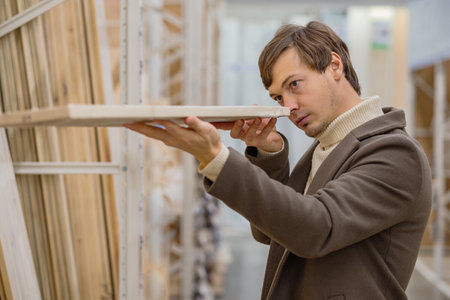 A man in a coat carefully selects boards in a construction supermarket