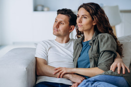 Newlyweds sit on sofa and discuss plans for future dreamingの写真素材