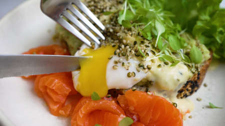 Toast with poached egg and trout seasoned with microgreenの写真素材