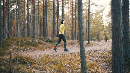 Man in bright yellow t-shirt runs through pine forestの写真素材