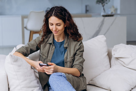 Happy young woman smiling holding smartphone in hands while sitting on sofa at homeの写真素材