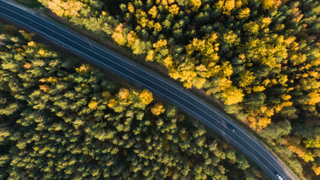Aerial shot captures a scenic drive, with vehicles cruising along a road that cuts through a vibrant...