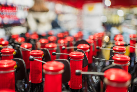 Abstract View of Red Bottle Caps in a Row with Selective Focus. Expanse of Exquisite Winesの写真素材