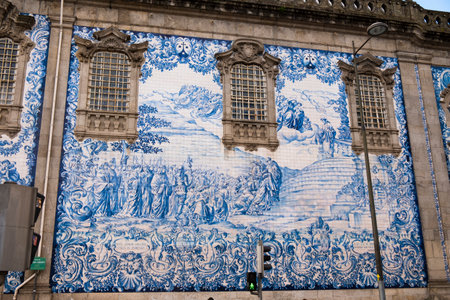 Historic Blue and White Azulejo Tile Mural on the Exterior of a Portuguese Building. Portugal, Porto, January 2020.のeditorial素材