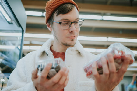 A thoughtful shopper compares containers of fresh berries, making a mindful selection of nutritious options in the produce sectionの写真素材