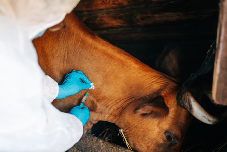 A veterinarian administers a vaccination to a calm cow in a traditional barn, an essential health procedure in livestock management.の写真素材