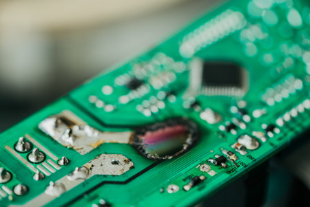 Close-up of a damaged electronic circuit board with components and solder, selective focusの写真素材