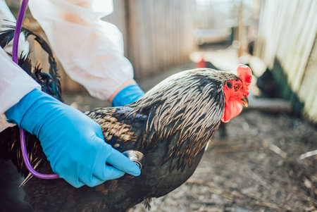 Veterinarian Examining Chicken with Stethoscope in Outdoor Settingの写真素材