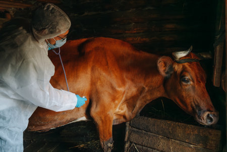 Veterinarian Performing Health Check on Cow in Rustic Barn Settingの写真素材