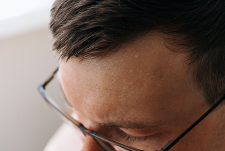 Close-up of Man Forehead with Sweat and Glassesの写真素材