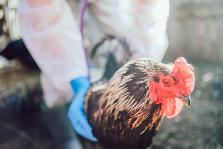 Veterinarian holding rooster during examination on farm wearing protective gear and gloves