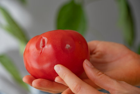 Hand Inspecting Damaged Tomato with Bruises and Mold Spotsの写真素材