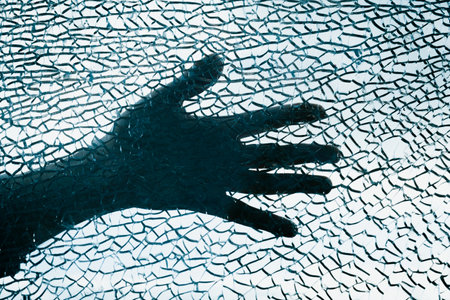 Silhouette of Hand Behind Cracked Shattered Glassの写真素材