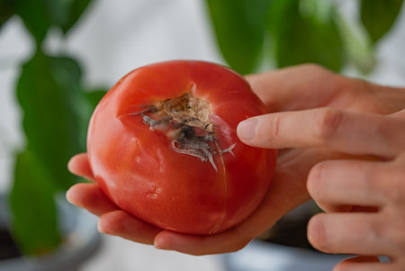 Person inspecting moldy red tomato close-upの写真素材