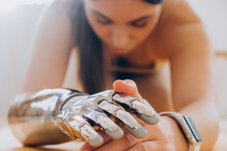 Close-up of woman with bionic prosthetic hand while doing sports, standing in plankの写真素材