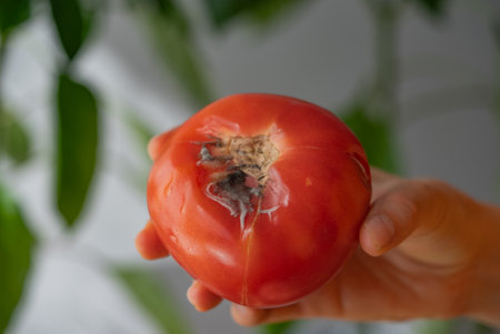Close-up of a hand holding a moldy, rotten red tomato, highlighting food waste and spoilage. Reminds us to store fresh produce properly to avoid food poisoningの写真素材