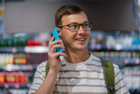 Smiling young man chats on his cell phone while browsing in a grocery storeの写真素材