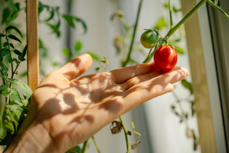Gardener lovingly inspects a vibrant red cherry tomato growing in their home garden, showcasing the connection between humans and nature in the process of growing healthy, sustainable foodの写真素材