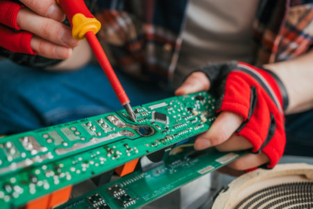 Technician in gloves soldering a component on a green circuit board in a workshop, showcasing electronic repair skills with precisionの写真素材