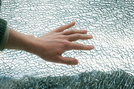 A mans hand touches the broken glass in small piecesの写真素材