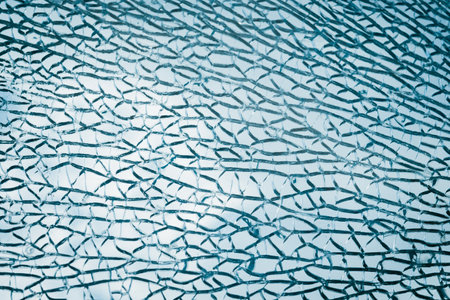 A detailed texture of cracked glass fills the frame, creating a complex network of lines that can symbolize fragility and disruption.の写真素材
