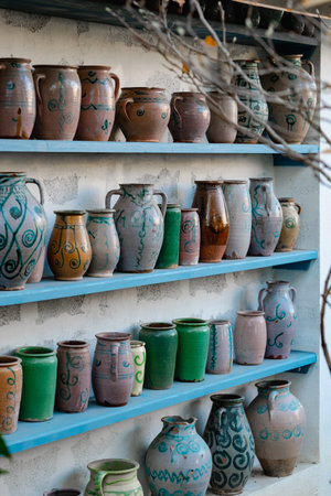 Artfully crafted pottery pieces adorn blue shelves, showcasing a rich variety of glazes and...